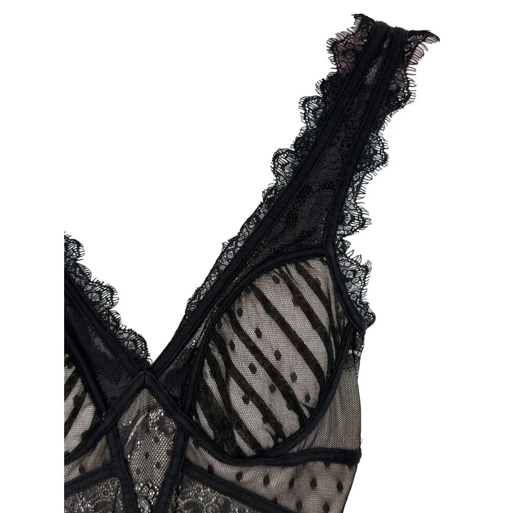 Vintage Bebe Nude & Black Lace Corset Style Mini Dress XS| Femme Fatale Coquette - Picture 3 of 16